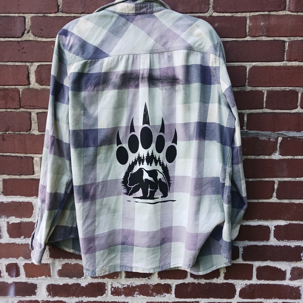 Altered Custom Flannel Bleached Distressed Oversized Shacket Shirt Mountain Bear